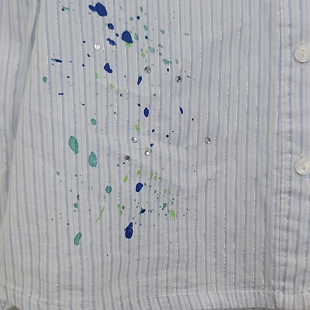 Justice Blue & Silver Striped Paint Splatter Long Sleeve Shirt Girls